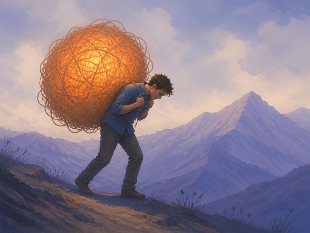 Illustration of a man carrying a heavy weight of stress alone